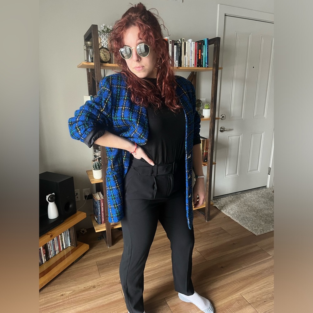 Vintage royal blue with yellow and green plaid blazer